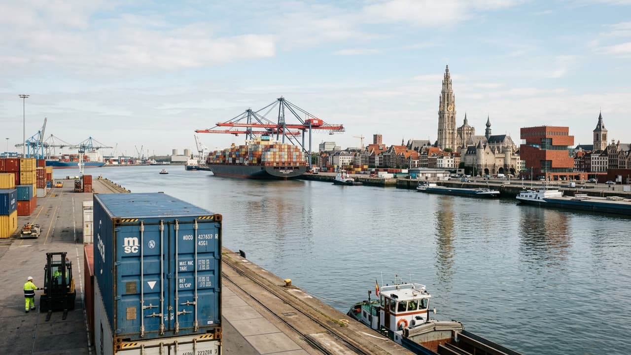 Panorama van Anvers met logistieke haven- of industrieterrein in close-up
