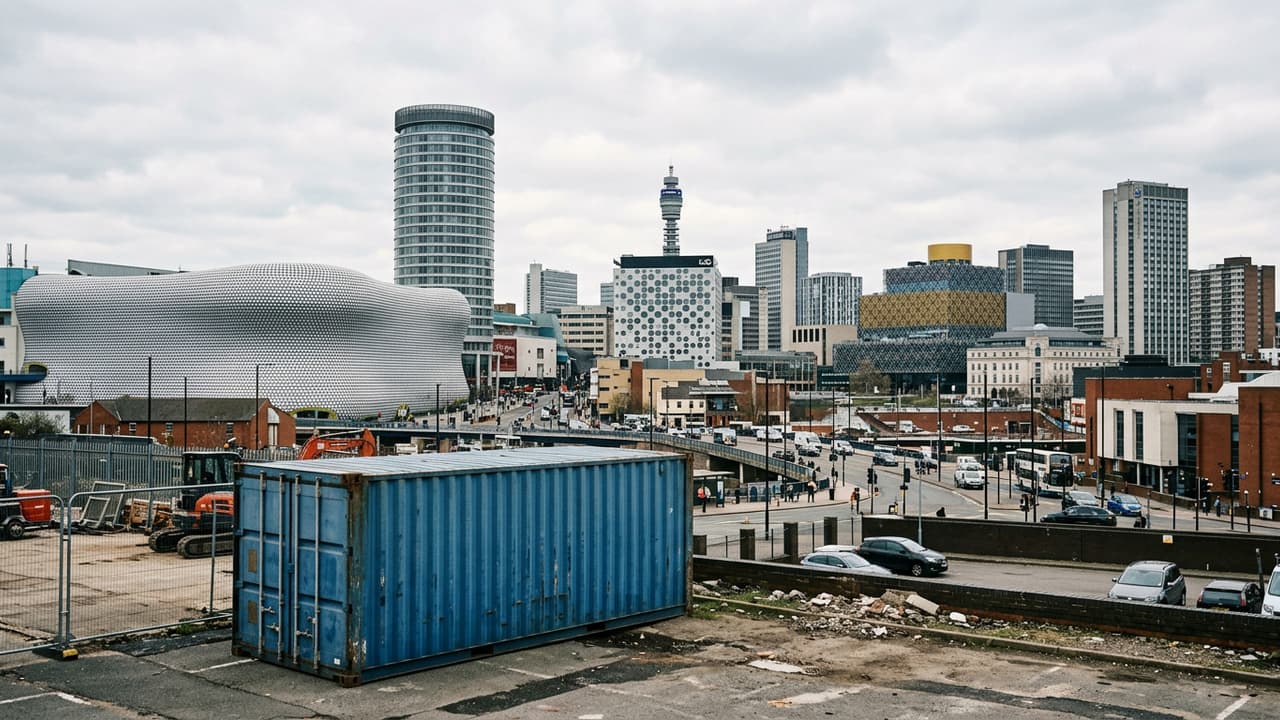 Panorama of Birmingham with port logistics or industrial zone in the foreground