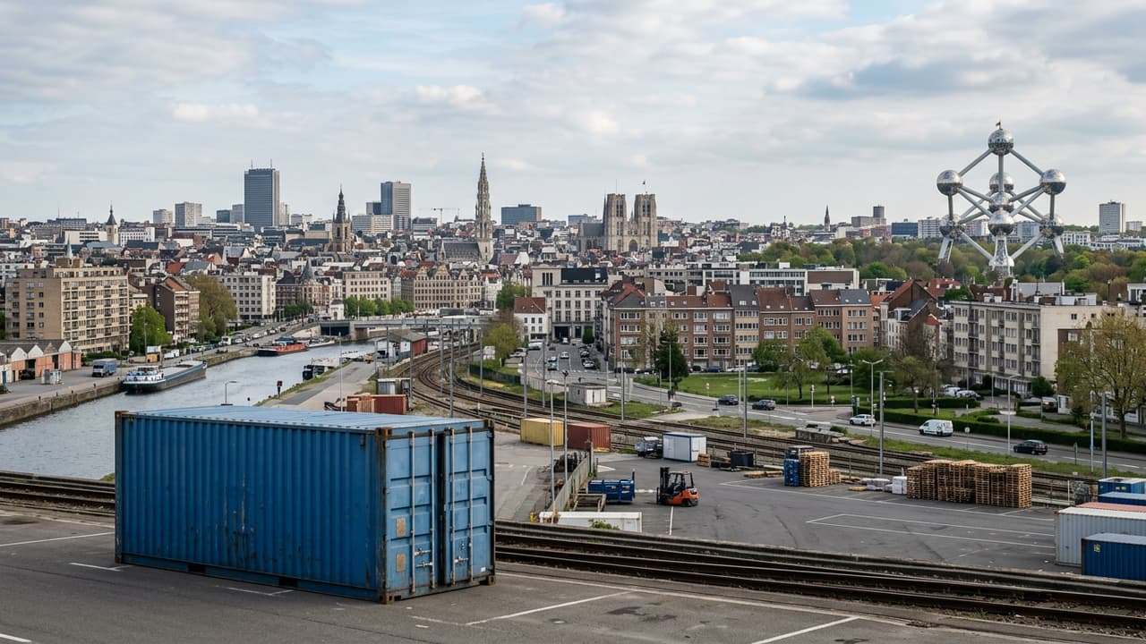 Panorama van Bruxelles met logistieke haven- of industrieterrein in close-up