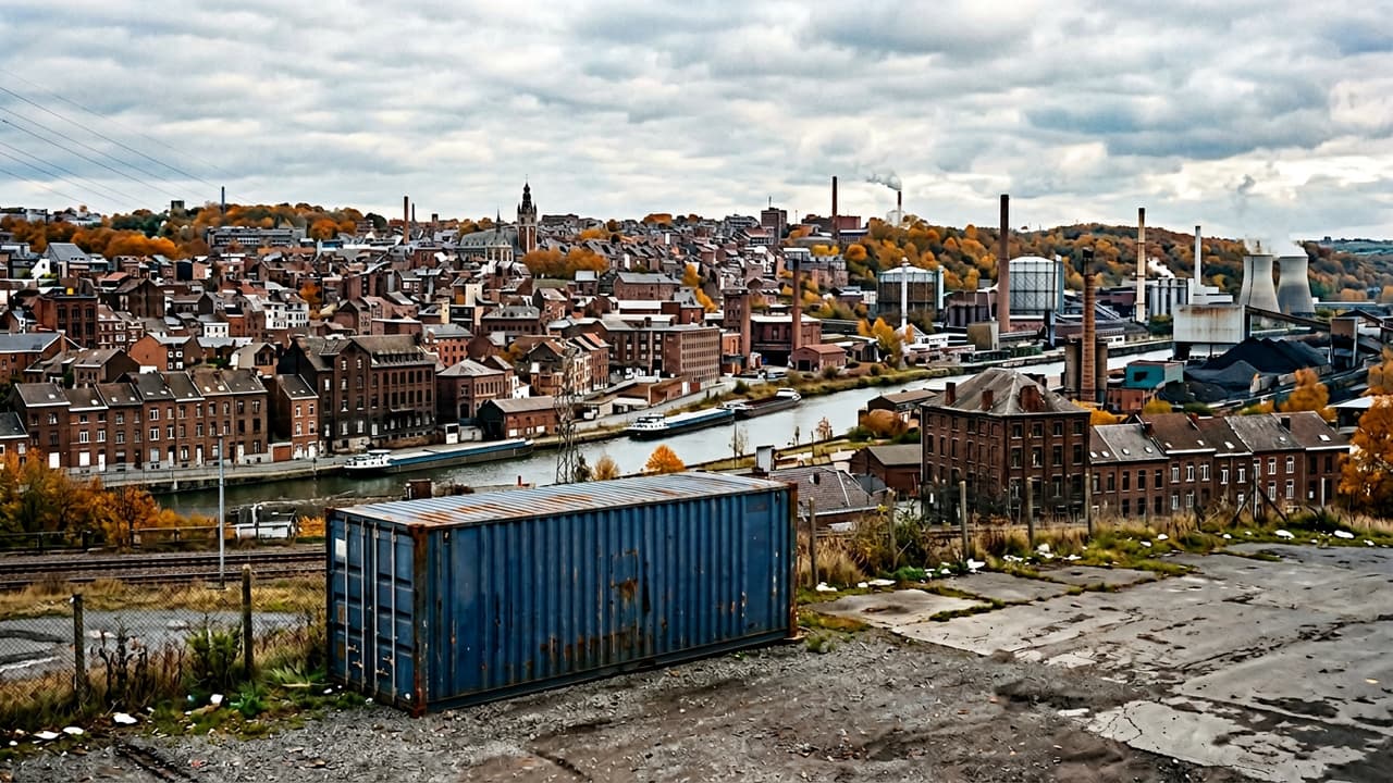 Panorama van Charleroi met logistieke haven- of industrieterrein in close-up