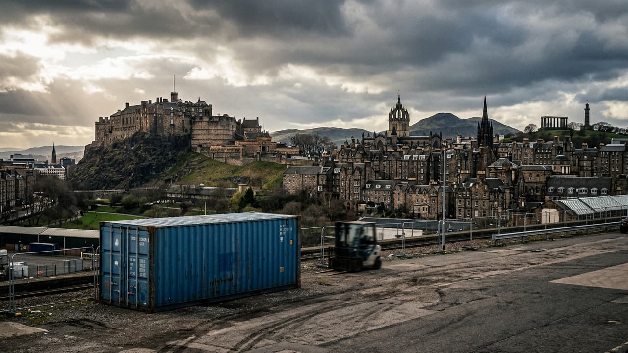 Panorama of Edinburgh with port logistics or industrial zone in the foreground