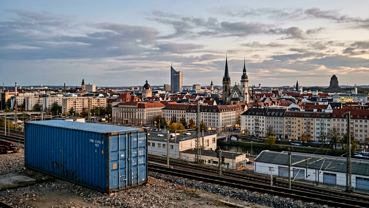 Übersicht von Leipzig mit Logistikzone oder Industriegebiet im Vordergrund