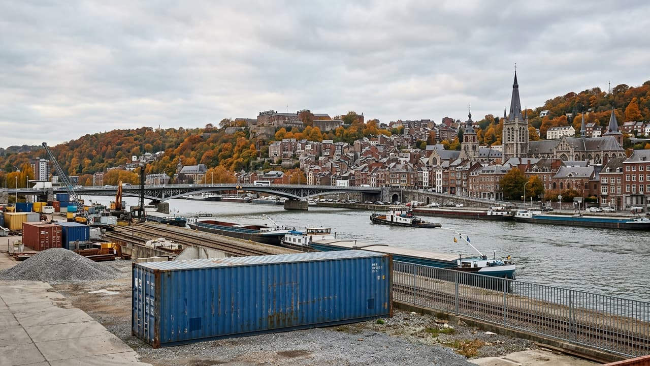 Panorama van Liège met logistieke haven- of industrieterrein in close-up