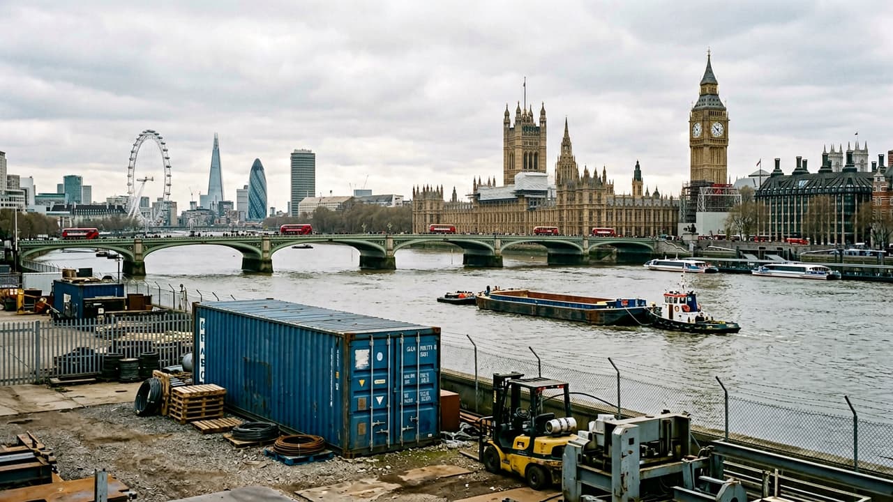 Panorama of London with port logistics or industrial zone in the foreground