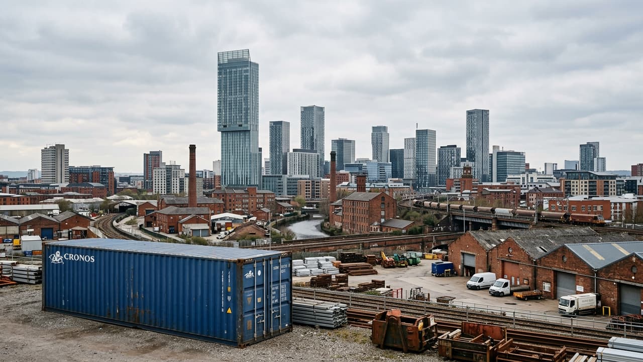 Panorama of Manchester with port logistics or industrial zone in the foreground