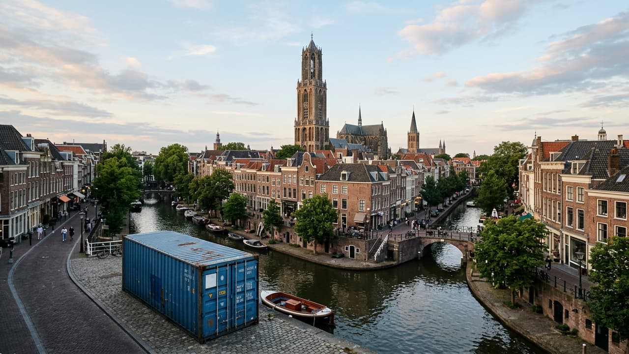 Panorama van Utrecht met logistieke haven- of industrieterrein in close-up