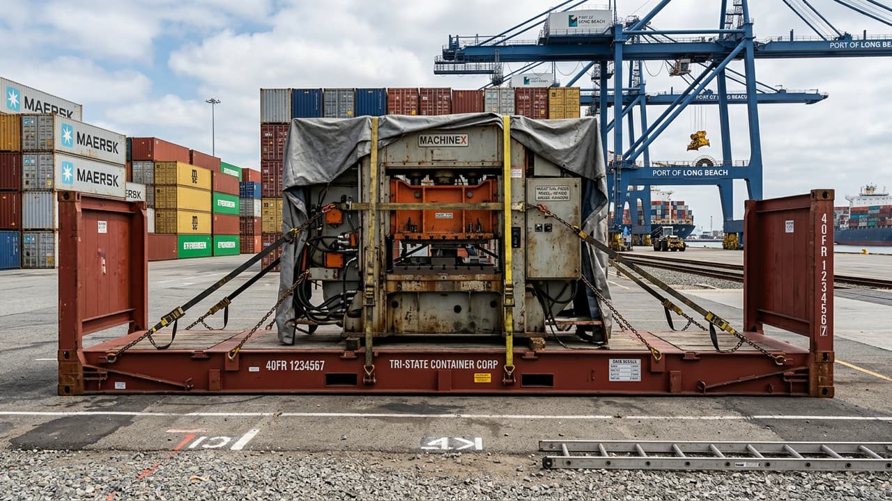 Flat rack container van 40 voet beladen met een industriële machine buiten standaard afmetingen