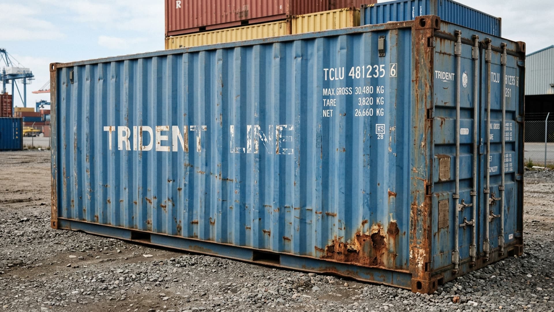 Tweedehands container met verbleekte verf, schrammen en kleine tekenen van gebruik, maar structuurmatig in orde