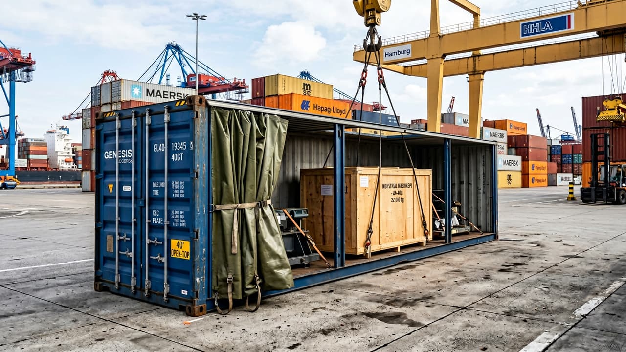 Open top container van 40 voet met een gedeeltelijk open zeil tijdens het laden met kraan