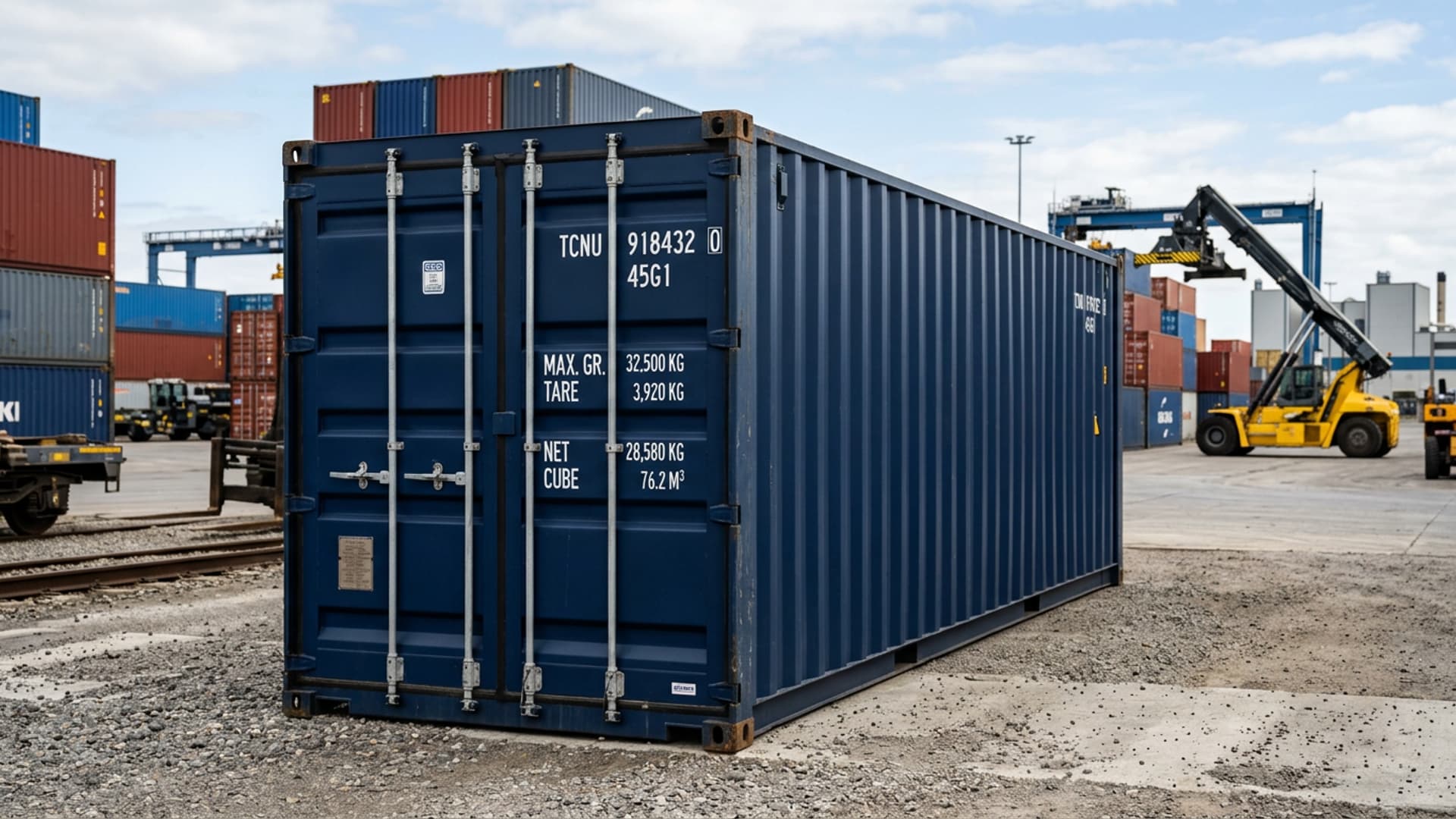 Zeecontainer one-trip donkerblauw in staat quasi nieuw met lichte transportsporen