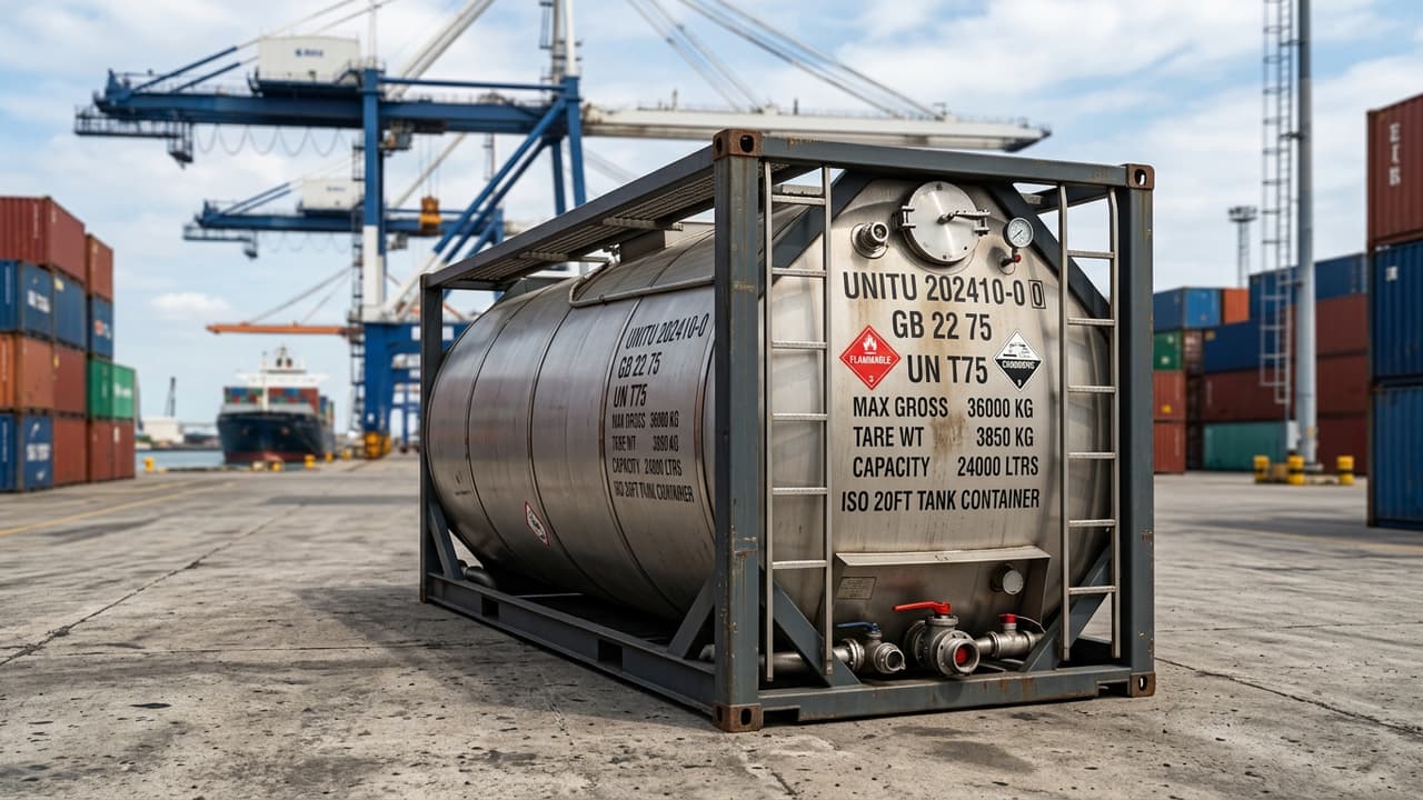 Tankcontainer 20 voet staalvat in ISO-frame op havenkade opgeslagen