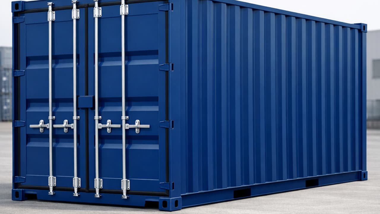 Zicht op zijkant van container 20 voet blauw RAL 5010