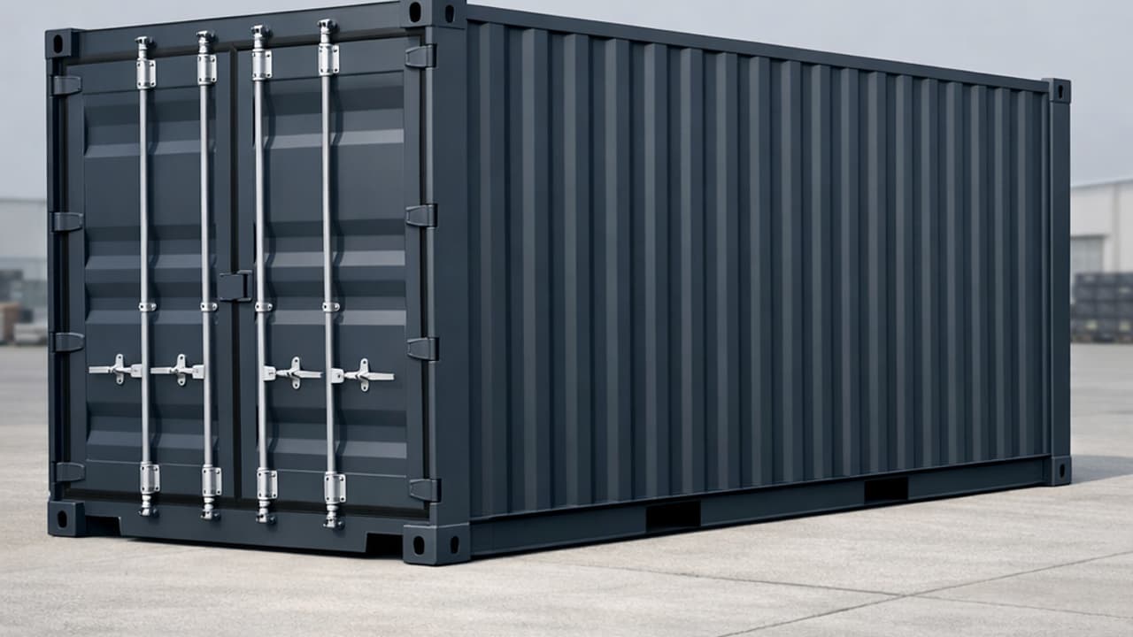 Grijze RAL 7016 anthraciet zeecontainer op een stadse bouwplaats