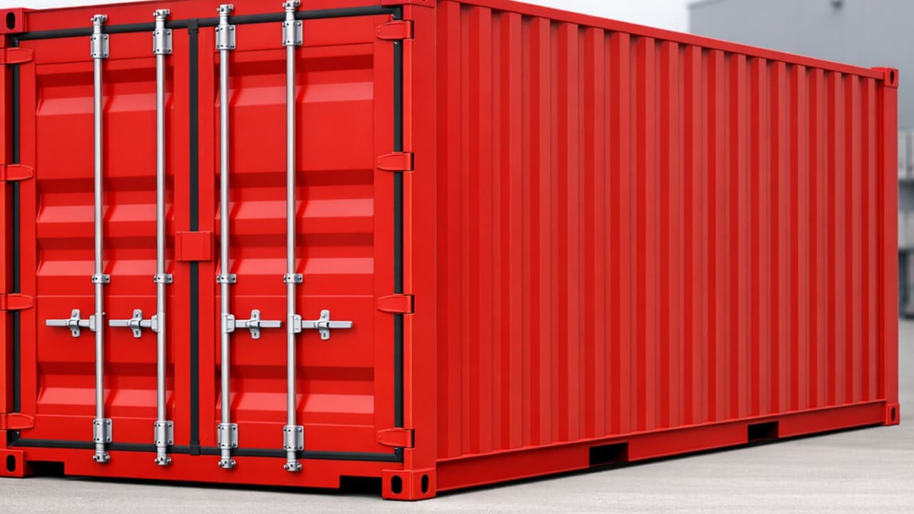 Rode RAL 3020 zeecontainer 20 voet in drie kwart profiel