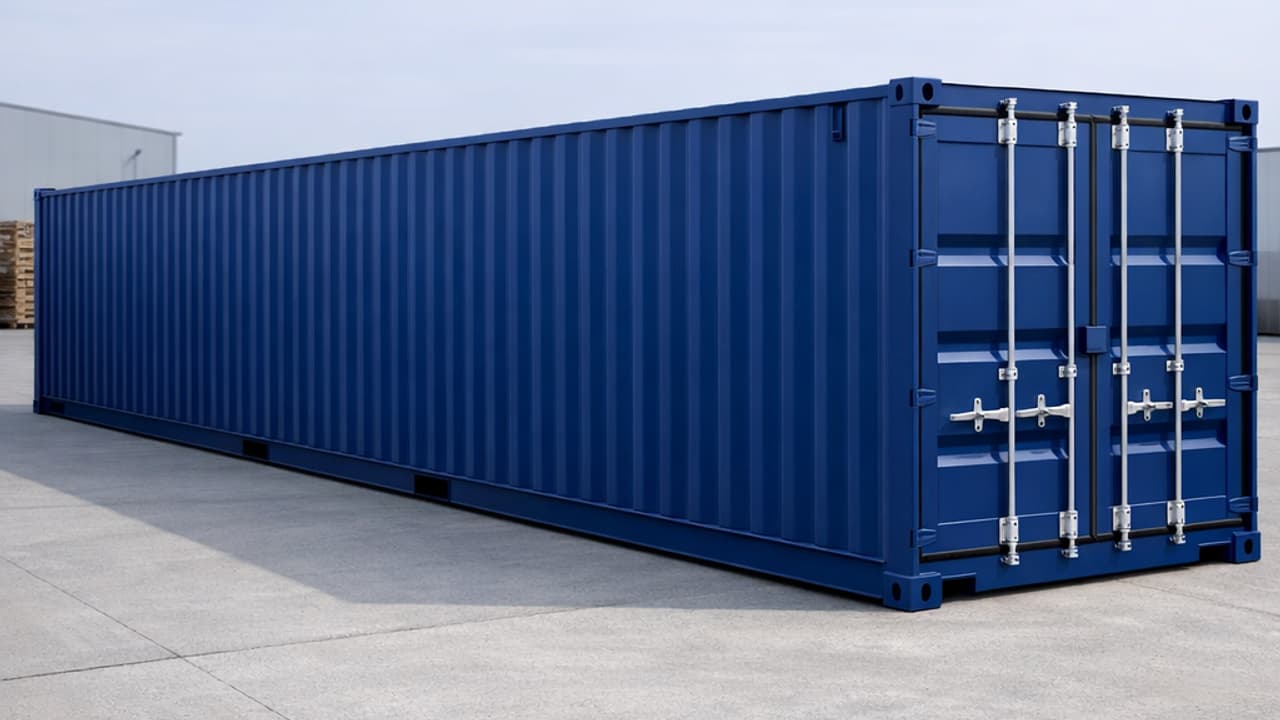 Zicht van de zeecontainer 40 voet blauw RAL 5010 in drie kwart