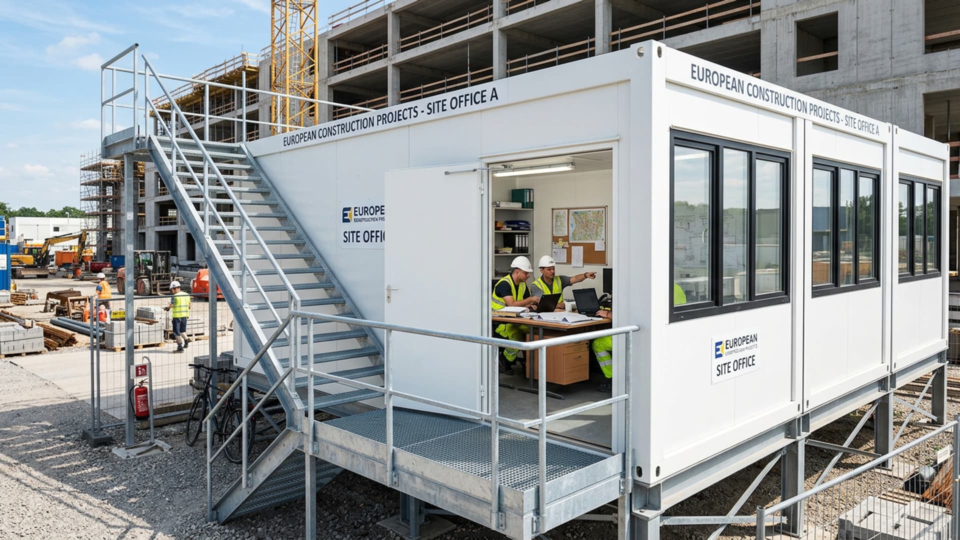 Werfbungalow in wit met grote ramen en een buiten trap, deuren open