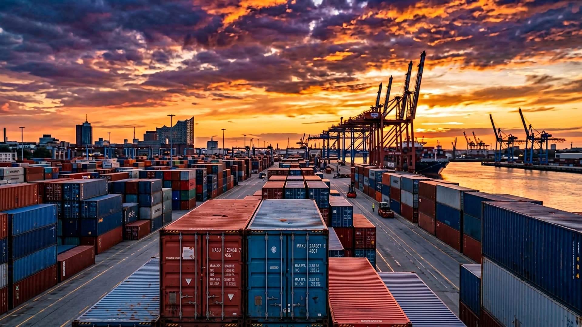 Een stapel blauwe, rode en grijze zeecontainers in een Europese haventerminal bij het avondrood