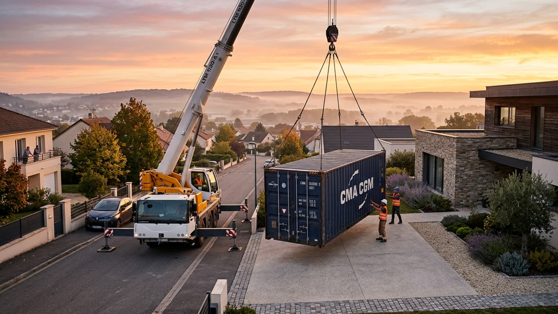 Zeecontainer donkerblauw afgeleverd aan zonsondergang in een Franse woonplaats door een kraan van ContainerEU