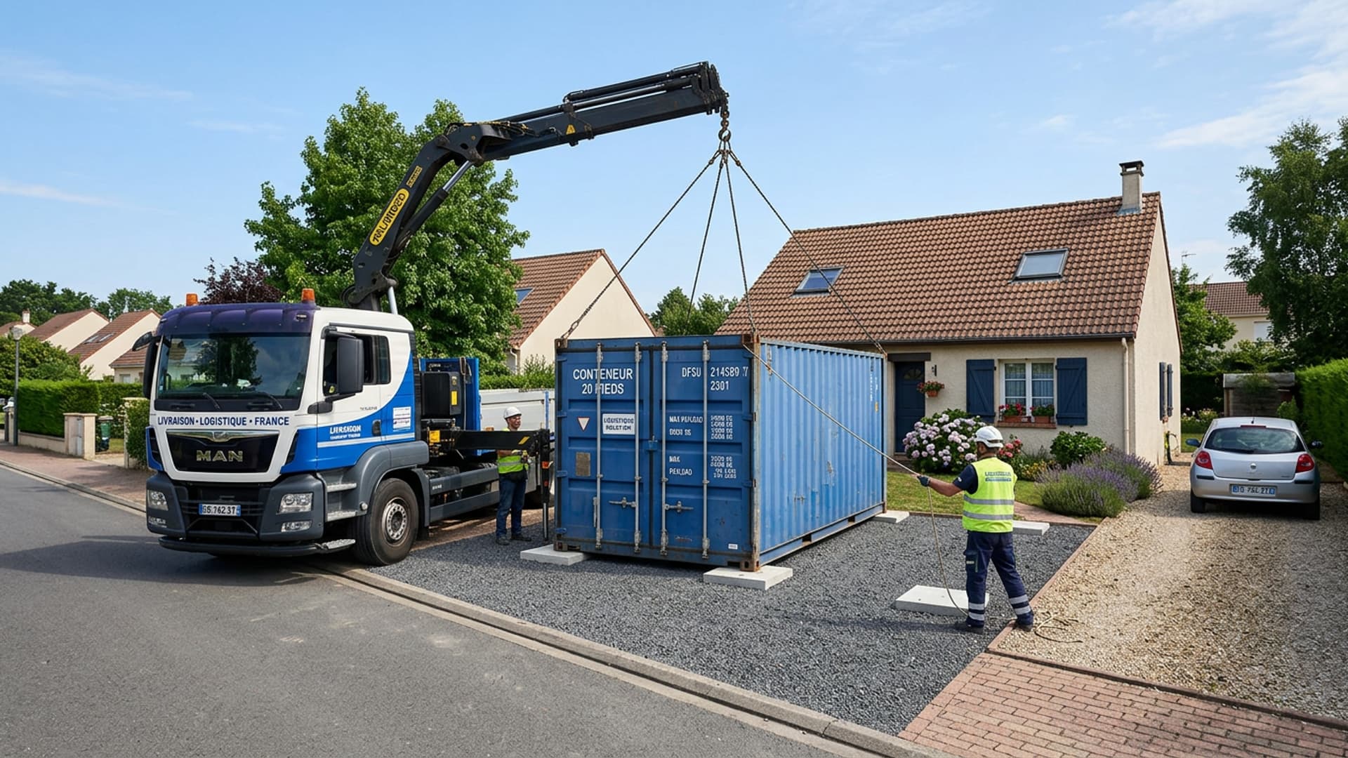 Een blauwe 20 voet container wordt afgeleverd door een kraantruck op een voorbereid terrein, voor een Franse woning