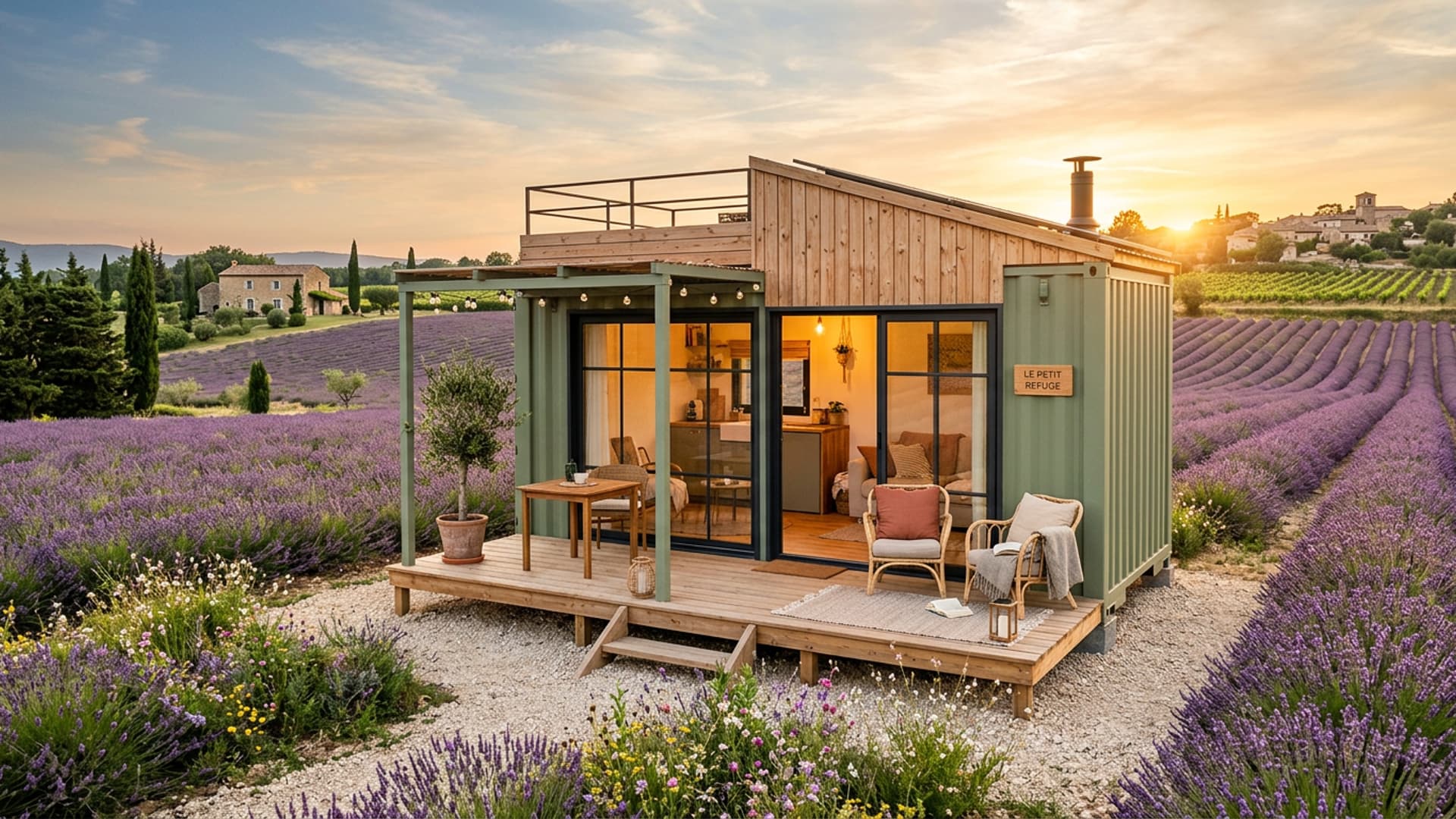 Tiny house container in Provence bij zonsondergang, houten terras en tuinmeubilair