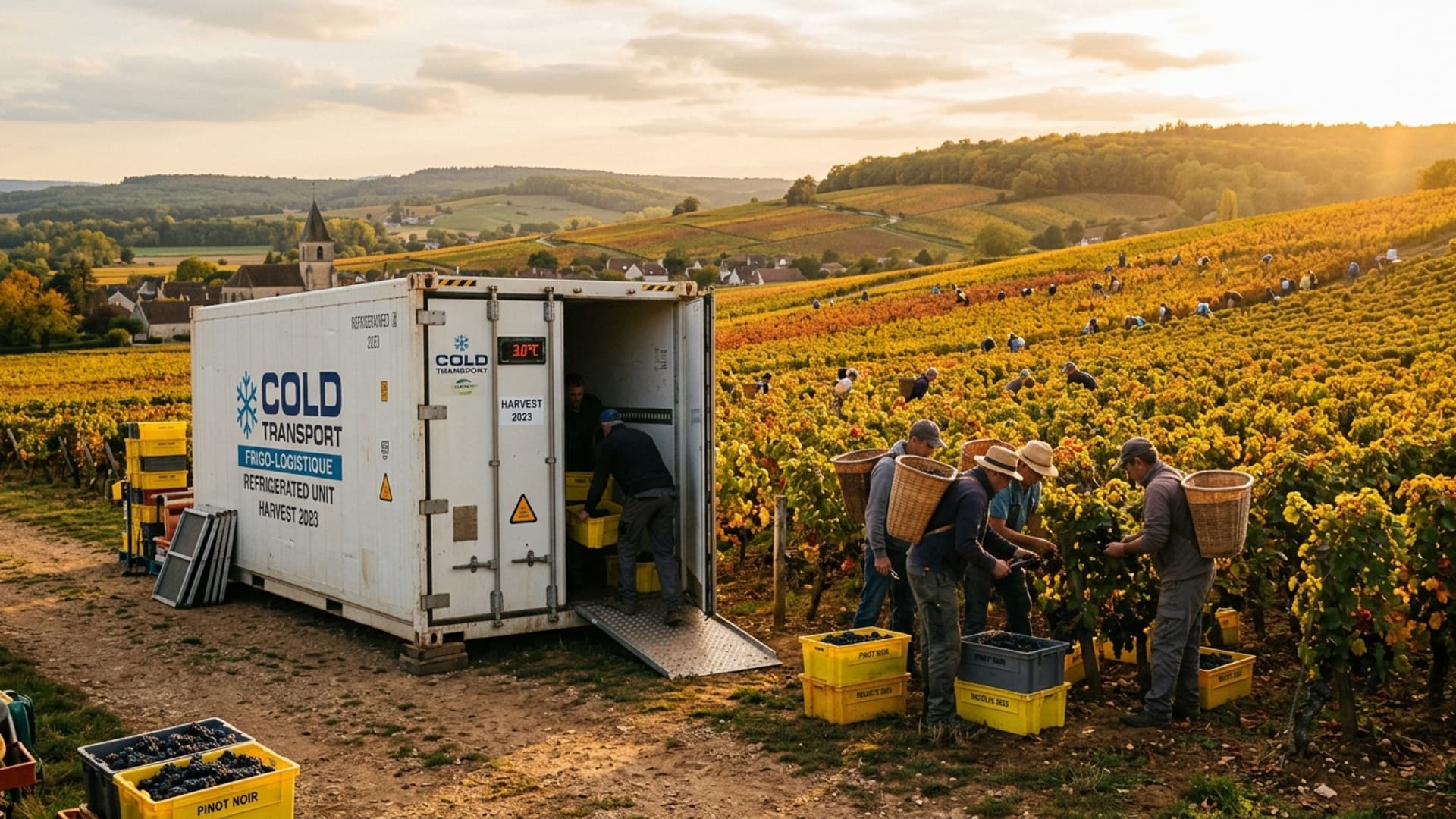 Frankrijkse wijnstreek tijdens het oogstklimaat met een koelcontainer naast de druiven