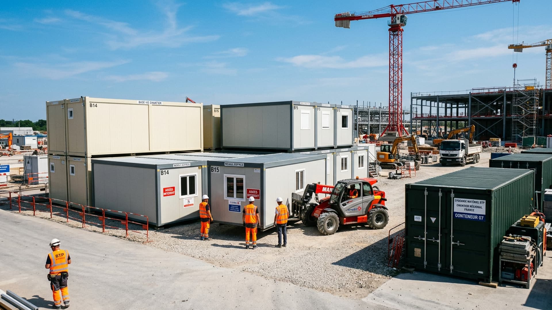 Franse bouwplaats met werknemers in hoge zichtbaarheid vestiaires, organisatie van modulaire bouwkeets en opslagcontainers
