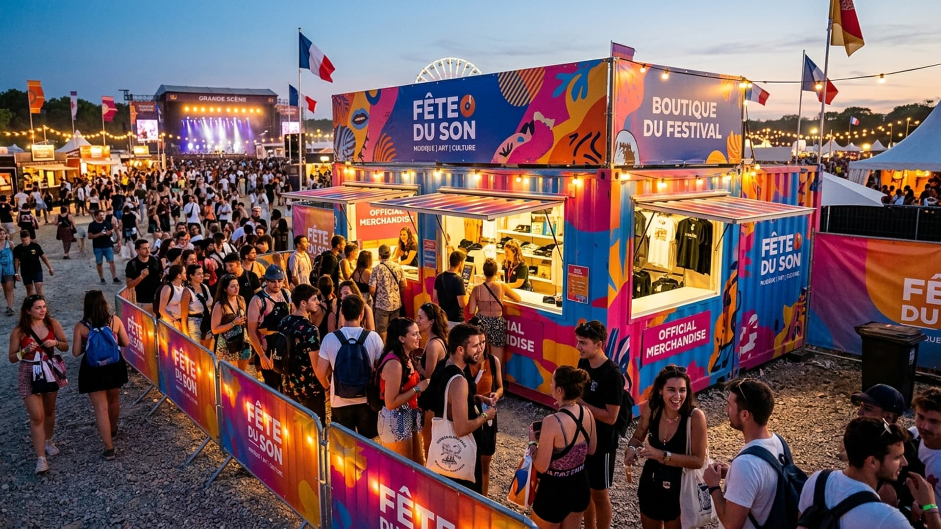 Pop-up winkelcontainer tijdens een Franse festival in de zomeravond, kleurrijke grafische huls