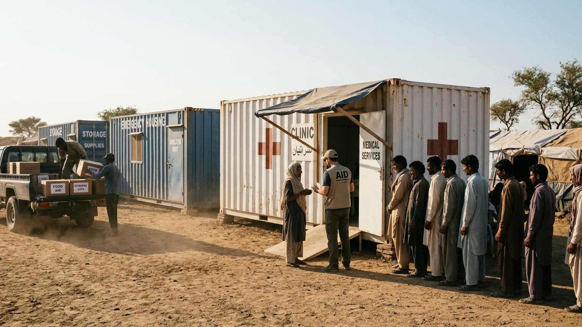 Humanitair inzet met zeecontainers als mobiele kliniek, noodverblijf en opslag