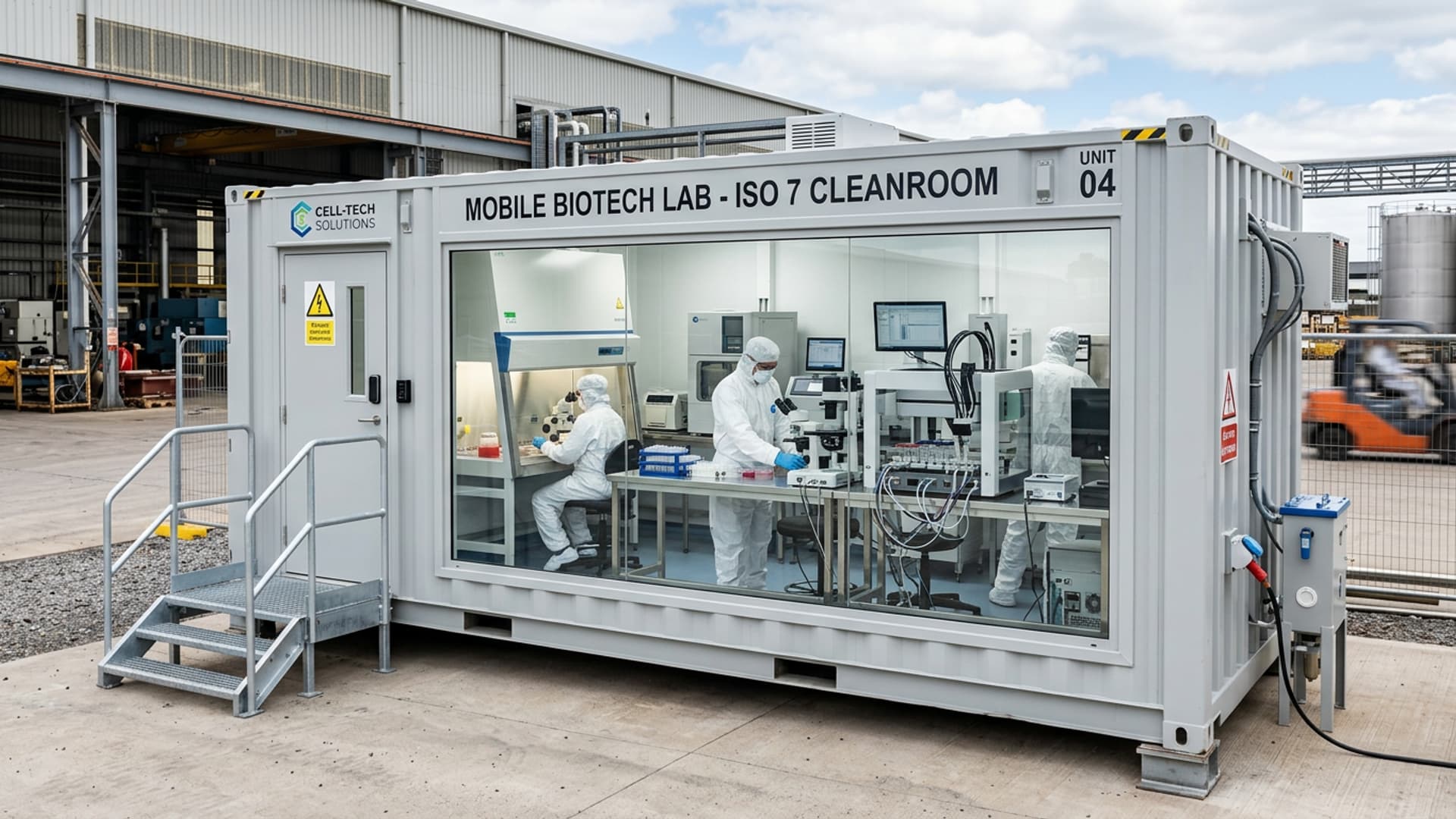 Mobiele industriële workshop in een omgevormde container met ingenieurs in witte jassen en hoogwaardig technologisch apparaat