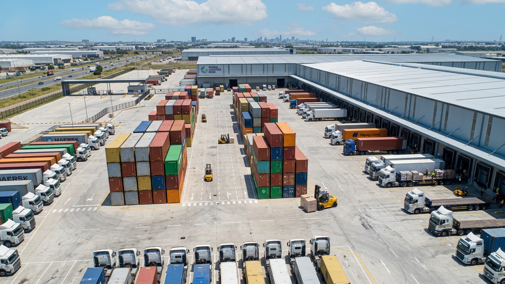 Logistieke laadplaats met gestapelde containers, forklift die pallets verplaatst en ladenissen