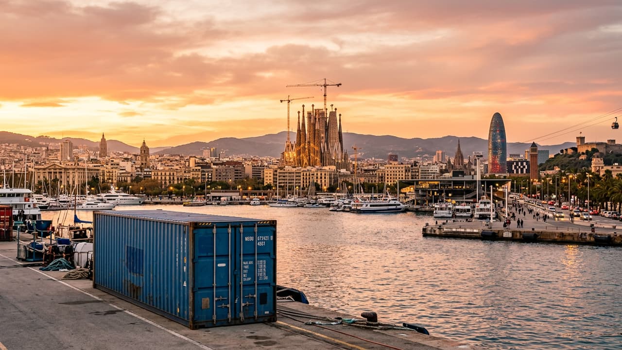Panorama de Barcelone con zona logística portuaria o industrial en primer plano